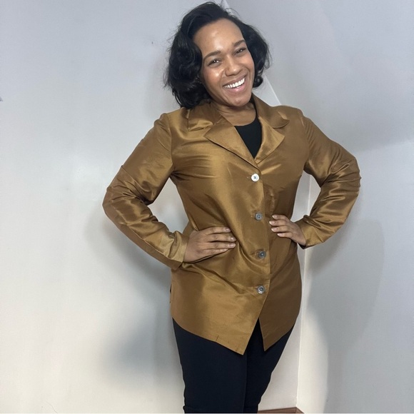 Vintage Bloomingdale's bronze gold silk blazer lightweight long line jacket - Picture 1 of 12